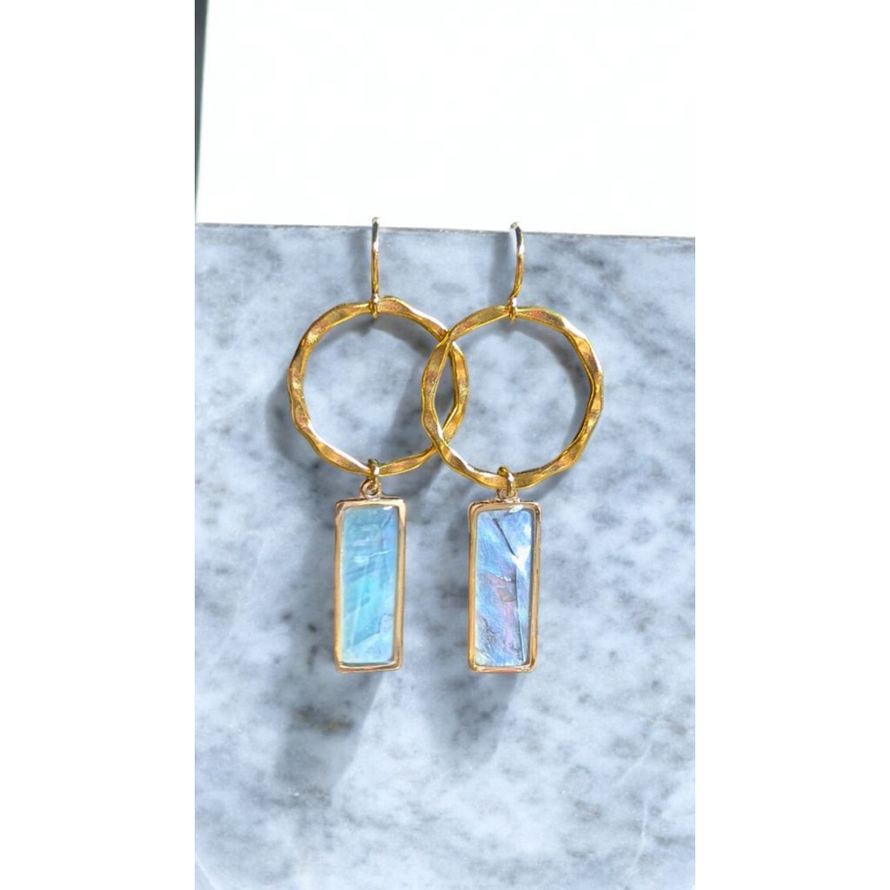 Gold Opalescent Dangle Earrings Iridescent Rectangle Gold Stainless Steel Hooks